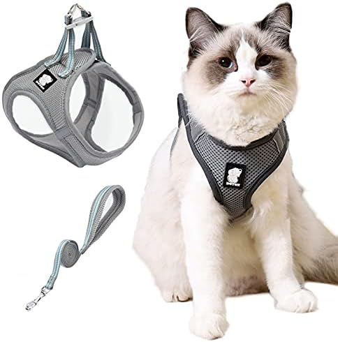 Cat Harness and Leash Set, Escape Proof Soft Breathable Reflective Strips Vest Adjustable and Comfort Chest Strap Easy to Control Kitties for Outdoor Walking (Gray)