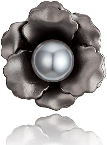 Dainty Floral Design with Gray Simulated Pearl Black Matte Plated Brooch Pin