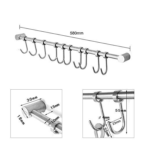 eForwish Kitchen Utensil Racks Rail Wall Mounted Utensil Hooks Stainless Steel Hanger Hooks Kitchen Tools (20.5", 10 Hooks) - Thumbnail 5