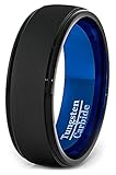 Mens Wedding Band Two Tone Black Blue Tungsten Ring Brushed Center Step Edge 8mm Comfort Fit