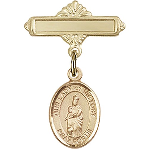 14kt Yellow Gold Baby Badge with Our Lady of Victory Charm and Polished Badge Pin 1 X 5/8 inches