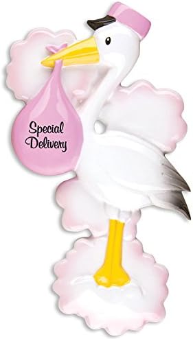 PERSONALIZED CHRISTMAS ORNAMENTS BABY'S FIRST--STORK-PINK