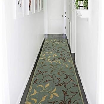 Ottomanson Otto Home Contemporary Leaves Design Modern Runner Rug with Non-Skid Rubber Backing, Sage Green/Aqua Blue, 20