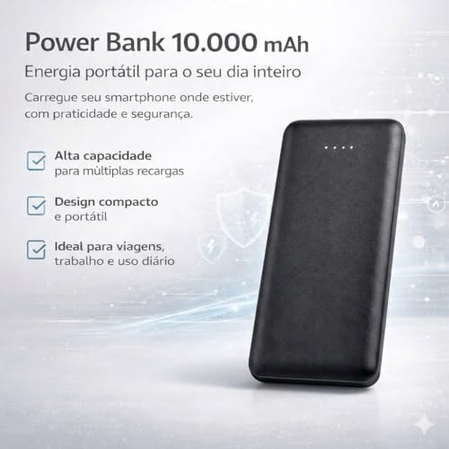 Power Bank Carregador Portátil Universal 10000mAh com Cabos Integrados USB-A, USB-C (Type-C), Micro-USB e USB-Light Carregamento Rápido Bateria Externa Compacta para Celular Android iOS