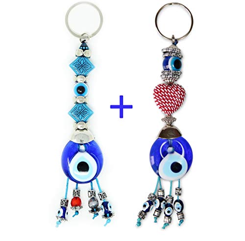 Evil Eye Keychain Set Women & Men Turkish Greek Handmade Key Rings Protection Lucky Charm Blue Glass Blessings 2 Pack (Red Heart/Turquee)