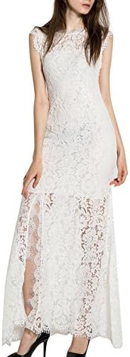 MABELER Women's Floral Lace Vintage Cap Sleeve Wedding Maxi Fromal Long Dress (6, White)