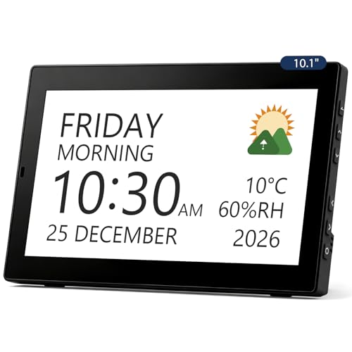 ROCAM 10 Inch Digital Clock, Digital Alarm Clock with Large Screen, Calendar, 20 Alarms and Reminders, 18 Ringtones, 12 Themes, Temperature and Humidity, USB and SD Photo Album | Pantalla grande 10,1", 20 alarmas, recordatorios personalizados, fotos USB/SD, temperatura, humedad, pared o mesa