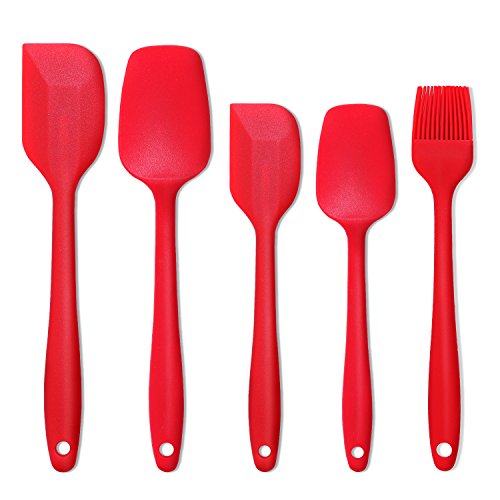 Silicone Spatula Set,Heat Resistant Scrapers,Non-stick Rubber Spatulas Spoon,Smart Kitchen Baking Tools With Stainless Steel Core,5 Pieces Silicone Cooking Utensils Set (Red)