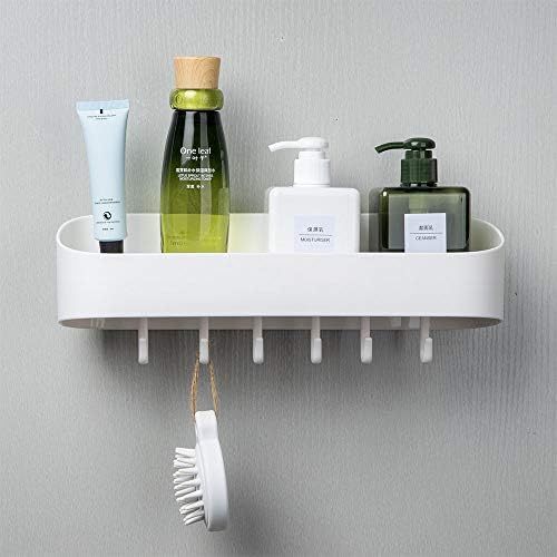 Cosytime Bathroom Wall Shelf With Hooks,13 Inch Long White Bathroom Towel Shelf Mounted,Self Adhesive No Drilling Removable Plastic Sink Decro Shelf Organizer For Kitchen,Bedroom,Toilet,No Drainage