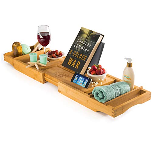 Bamboo Bathtub Caddy Tray with Book and Wine Holder for Spa Relaxing Bath, Natural Wood Bathtub Tray with Extendable Arms - Great Idea