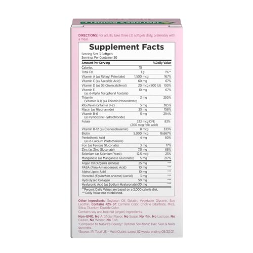 NATURE’S BOUNTY ADVANCED HAIR, SKIN & NAILS, ARGAN-INFUSED VITAMIN SUPPLEMENT WITH BIOTIN AND HYALURONIC ACID, 150 RAPID RELEASE SOFTGELS, 50 TOTAL SERVINGS