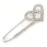 Rhodium Plated Clear Crystal Heart Safety Pin Brooch - 85mm L