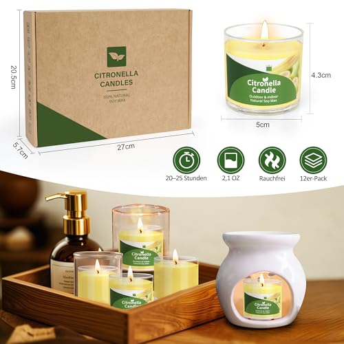 Pack of 12 Citronella Candle Outdoor, 300 Hours Outdoor Citronella Scented Lights, Small Candles, Natural Soy Wax, Citronella Garden Fragrance Candle, Indoor, Outdoor, Summer Gift Set for Camping