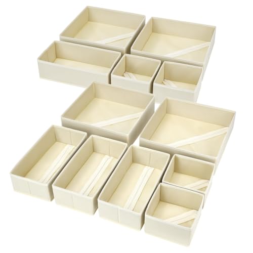 Homsorout 12 Pack Drawer Organisers Foldable Box - Fabric Drawer Dividers Wardrobe Storage Organiser Draw Cubes for Bras, Socks, Underwear, Ties, Chest, Bedroom, Beige