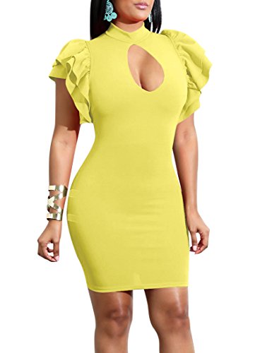 Mokoru Women's Sexy Ruffle Short Sleeve Hollow Out Bodycon Party Mini Club  Dress, Medium, Yellow