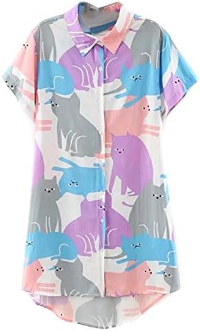 Cartoon Cat Print Short Sleeve Longline Shirt Plus Size (S-XXXXL)