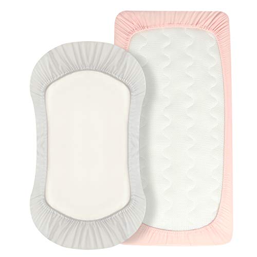 TILLYOU Jersey Knit Soft Bassinet Sheets Set, 33''x16''x4'' Flexible for Different Cradle and Bassinet Mattress, Super Soft Breathable Cozy Baby Cradle Sheets, 2 Pack Peachy Pink & Lt Gray - Thumbnail 5