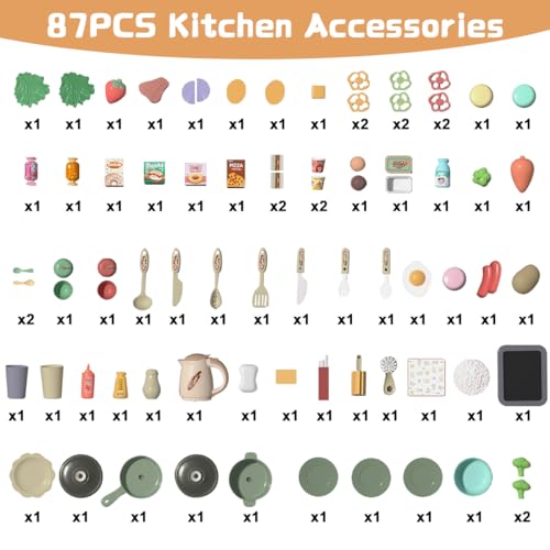 87PCS Kids Kitchen Playset with Light & Sound Simulation of Spray Sink | Mini Toddler Cooking Pretend Play Toy With Kitchen Appliances, Fruit, Vegetable, Ideal Gift For Children Girls Boys