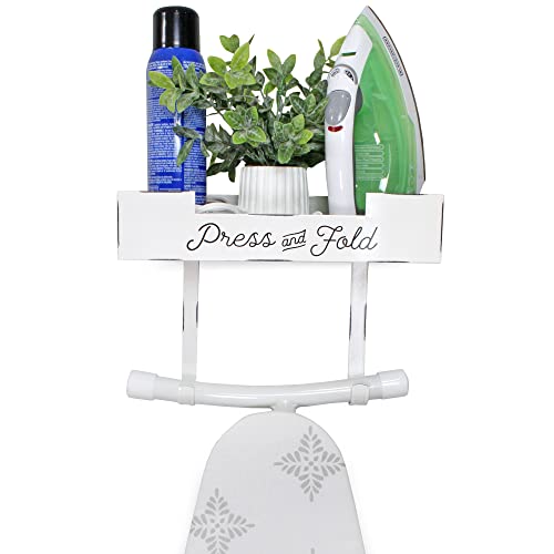 AuldHome Design Farmhouse Enamelware Ironing Board Caddy (White); Wall-Mounted Rustic Ironing Board Holder w/Storage Shelf
