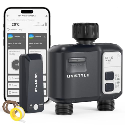 WiFi Water Timer 2 Zones, Unistyle Smart Hose Timer for Sprinkler Irrigation, Automatic Watering System Controller with 2 Modes, Compatible with Alexa and Google Home, Water Tap Valve for Garden Lawn