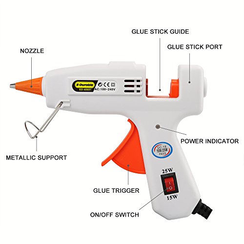 E.Durable Hot Melt Glue Gun Kit with 40 Multi-Colored Glue Sticks for DIY Handcraft School Projects/Home Arts/Crafts / Repair | Flexible Trigger | (15W/25W)