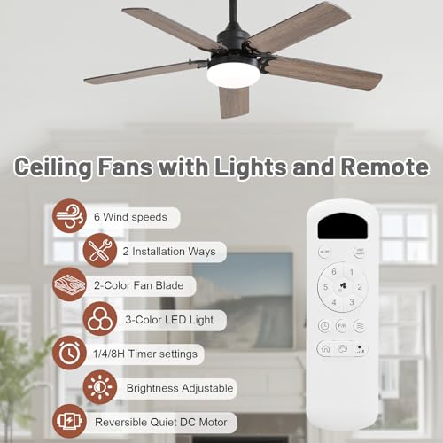 Sofucor 107 cm Ceiling Fan with Light, 6 Speeds, Control, Timer, DC Motor, LED Silent Ceiling Fan with Lamp for Bedroom Living Room
