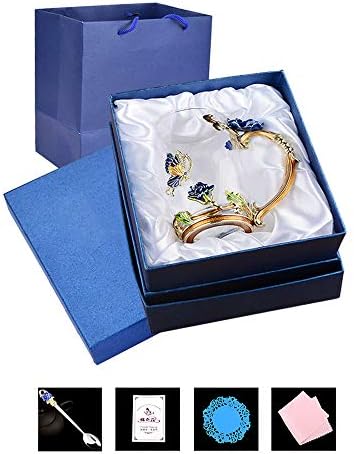 Tea Cup Coffee Mug Cups Clear Glass & Creative Flower Glass Mug Crystal Glass Tea Cup，Iced Tea,Perfect Gift for Friend,Red Butterfly and Red Rose (12 oz) (Blue)