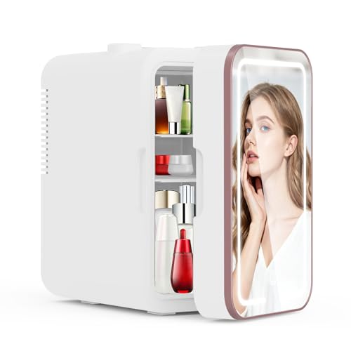 YLFU Mini Fridge for Bedroom, 6L/10 Can Skincare Fridge with Dimmable LED Light Mirror for Dorm & Office, Portable Cooler & Warmer Small Compact Refrigerator for Skincare, Makeup and Cosmetics, White