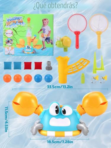 3-en-1 Juegos de Agua para Niños Exterior, Juguete de Aspersores Forma de Cangrejo con Juego de Lanzar Tela y Atrapar Pelota, Juguetes Verano para 3 4 5 6 7 8 9Años, Regalo Creativo para Niños y Niñas
