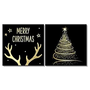 2 Panel Square Canvas Wall Art - Christmas Theme Drawings of Antler and Christmas Tree - Giclee Print Gallery Wrap Modern Home Art Ready to Hang - 12"x12" x 2 Panels