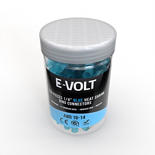 120 PC 1/4" Blue Heat Shrink Ring Crimp Connectors: 16-14 Gauge Bulk Electrical Terminals - Insulated 16 14 AWG Automotive, Marine, Audio, and Industrial Grade. Hot Melt Adhesive Eyelet Splice Jar Set
