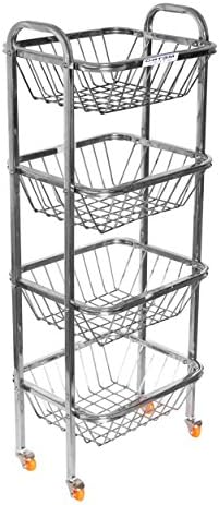 LiMetro Heavy Weight Stainless Steel Fruit & Vegetable Storage Kitchen Rectangular Wired Trolley with Wheels (4steps)