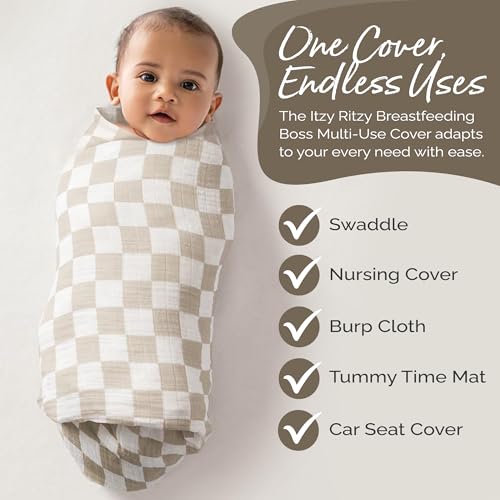 Itzy Ritzy Breastfeeding Boss Multi-Use Cover – A Nursing Cover, Swaddle, Car Seat Wrap, Tummy Time Mat & Burp Cloth All in One – Made of Soft Muslin Fabric & Measures 47” x 47” (Checkerboard)