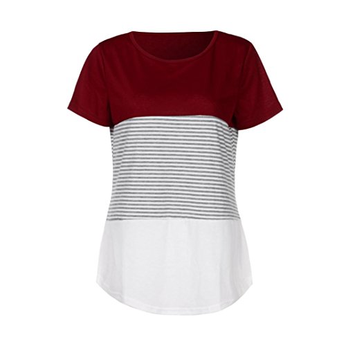 ManxiVoo Short Sleeve T-Shirt Women Loose Triple Color Block Stripe Cotton Blouse Casual O-Neck Tops (L, Wine Red)