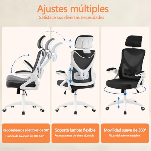 Silla de Oficina con Soporte Lumbar,Silla De Escritorio Ergonómica con Altura Ajustable,con Función de Bloqueo de Inclinación,Silla Ergonomica con Reposacabezas Ajustable,Respaldo Alto,con Ruedas