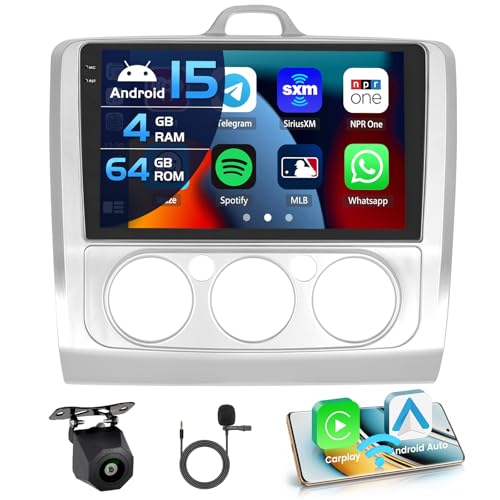 Inefala 4+64G Android 15 Radio for Ford Focus 2004-2011 with 9'' In-Cell Screen with Wireless Carplay and Android Auto Mirror Link Radio FM/RDS GPS WiFi Bluetooth SWC Reverse Camera