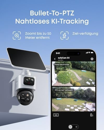 eufyCam S4 4‑Kamera‑Set, kabellose Solar‑Überwachungskamera außen, 3‑Linsen Bullet‑PTZ‑Kamera, 4K UHD, 360° Multi‑Kamera‑Tracking, Auto‑Tracking, 8× Hybridzoom, Farbnachtsicht, 16TB lokaler Speicher 3