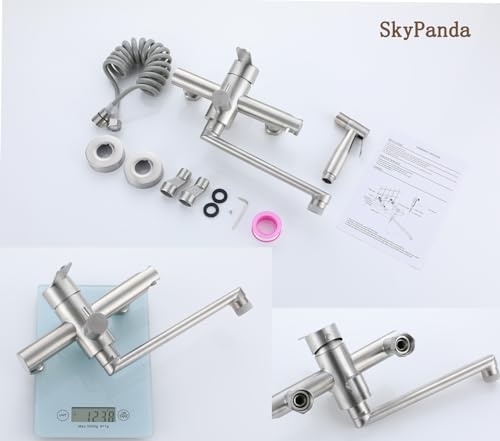 Kitchen Faucet, Wall Mounted, Kitchen Faucet with Spray Gun, 360° Rotatable 23 cm Swivel Hose, Hot and Cold, 4 Working Modes, Brushed Nickel 304