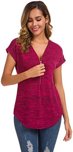 LUSMAYWomens Loose Fitting Zip Up Deep V Neck Short Sleeve Tops Tunic Casual T Shirts Blouse