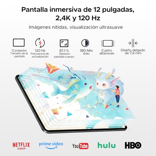 Easerush P12 Pro Tablets 12 Pulgadas, 2.4K 120Hz & 4G Sim LTE, 48GB+256GB/2TB Gemini AI & 12000mAh/18W Tablet Android 16, T7300 Octa Core Tablet con Teclado, Quad Speakers/Widevine L1/Mouse/Funda