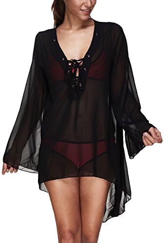 Aboutwome Girls Beach Cover Up V Neck Lace Up Perspective Beachwear Chiffon Swimsuit Beach Dress Bathing Suit (Black)