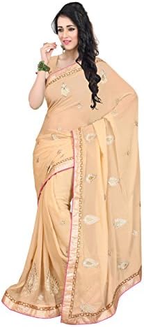 Odhni Women's Indian Embroidered Beige Chiffon Saree