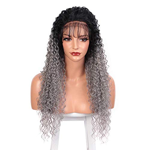 Vigorous Long Curly Wig Ombre Silver Grey Lace Front Wigs for Women Pre Plucked 13x6 Deep Part Synthetic Wigs With Baby Hair Dark Roots Gray Wigs for Daily Party Use