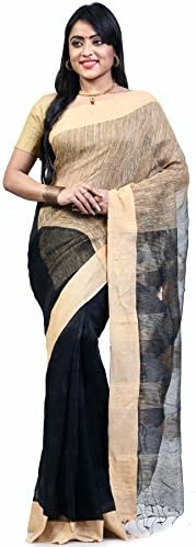 Bengal Handloom Women's Pure Silk &amp; Ghicha Linen Saree Free Size Black