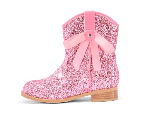 Coutgo Girls Cowboy Boots Glitter Low Heel Booties Bow Zipper Dress Boots at Amazon