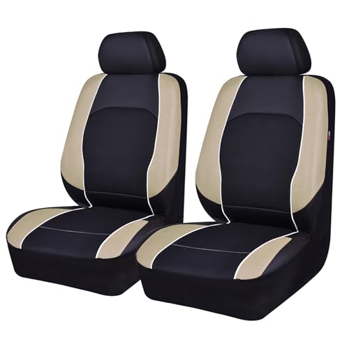 HORSE KINGDOM Universal Car Seat Covers Two Front Faux Leather For Cars,Trucks,Suvs,Vans Fit Airbag Compatible (Black with Beige)