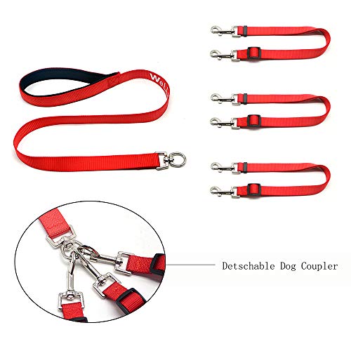 Wellbro 3 in 1 Durable Nylon Dog Leash with Padded Handle, Three- Way Pet Leash with a Coupler, Adjustable and Detachable, Lead for Small, Medium Dogs (Red)