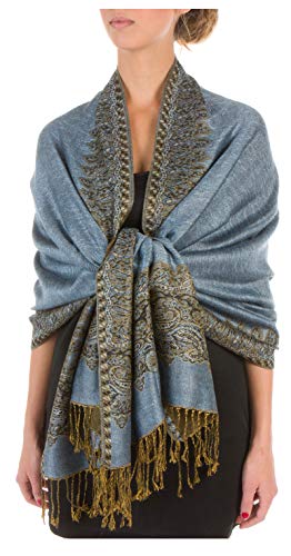 Sakkas Border Pattern Layered Reversible Woven Pashmina Shawl Scarf Wrap Stole - Steel Blue