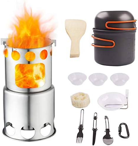 Qunlei Camping Cookware Mess Kit Camping Cooking Set with Wood Burning Camping Stove Non-Stick Anodized Aluminum Complete Lightweight Folding Kit for Camping Hiking & Backpacking Outdoor Cooking