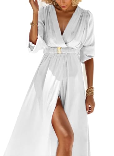 ZADORN SUMMER DRESSES FOR WOMEN 2024 CASUAL BEACH WEDDING GUEST DRESSES  MAXI SUNDRESSES V NECK 3/4 SLEEVE SPLIT HEM ELASTIC WAIST BELTED WRAP PARTY  COCKTAIL TRAVEL VACATION OUTFIT WHITE PLUS SIZE -